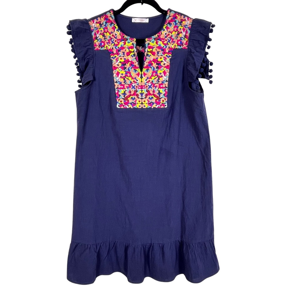 Kirundo Navy Blue Embroidered Pom Pom Ruffle Hem Boho Tunic Dress Medium (C730)